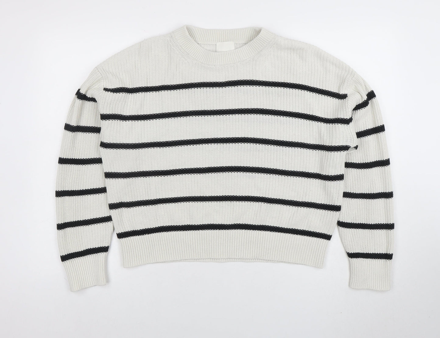 H&M Womens White Black Striped Knit Jumper Size M Long Sleeve Crew Neck