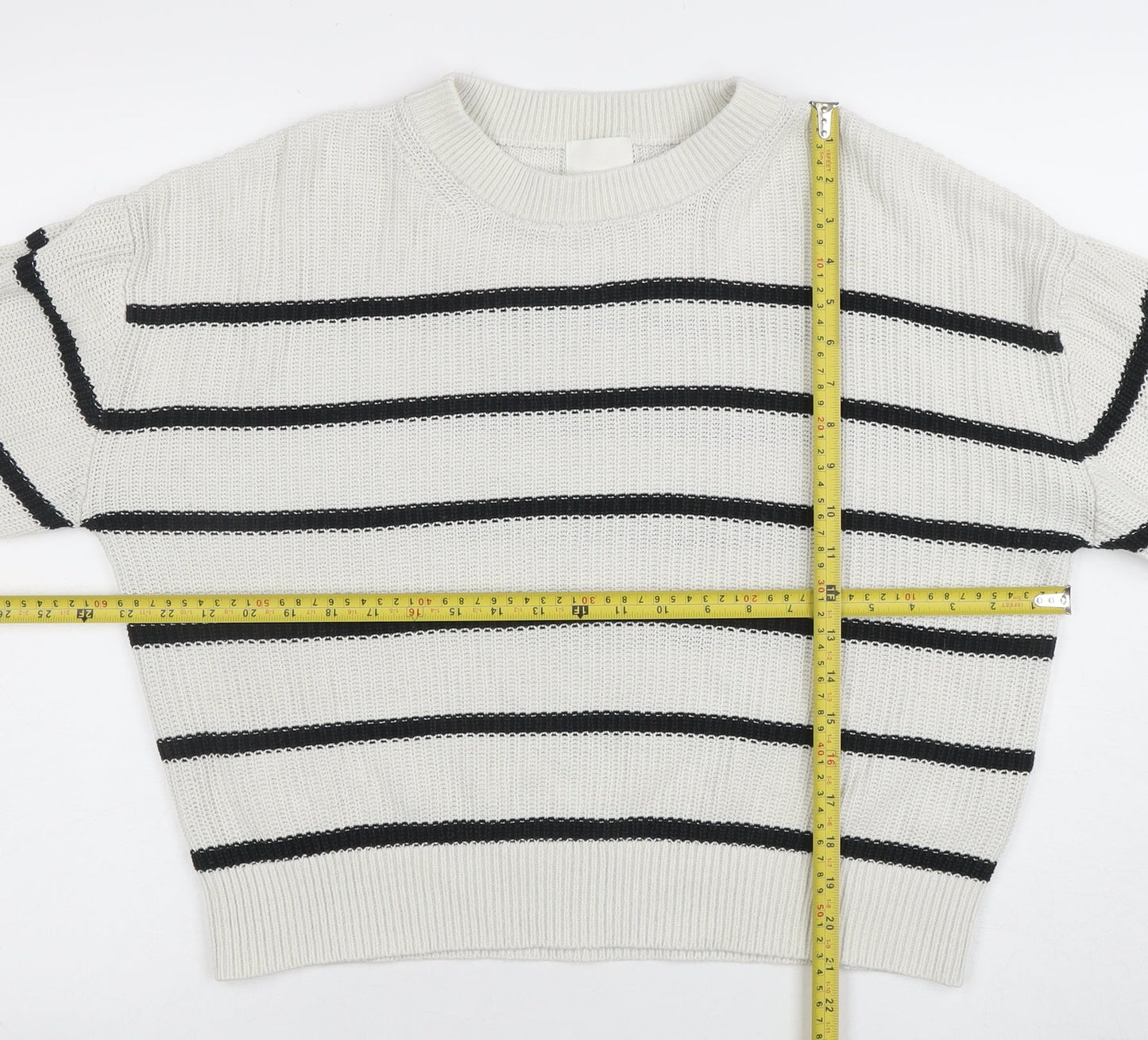 H&M Womens White Black Striped Knit Jumper Size M Long Sleeve Crew Neck