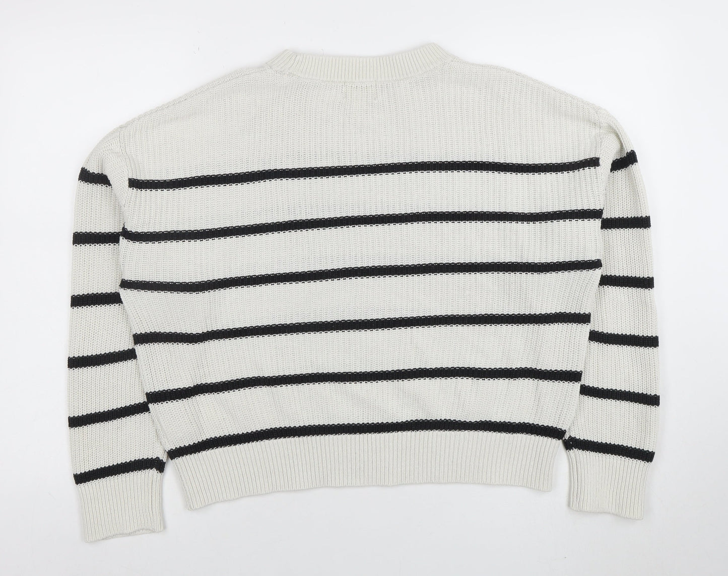 H&M Womens White Black Striped Knit Jumper Size M Long Sleeve Crew Neck