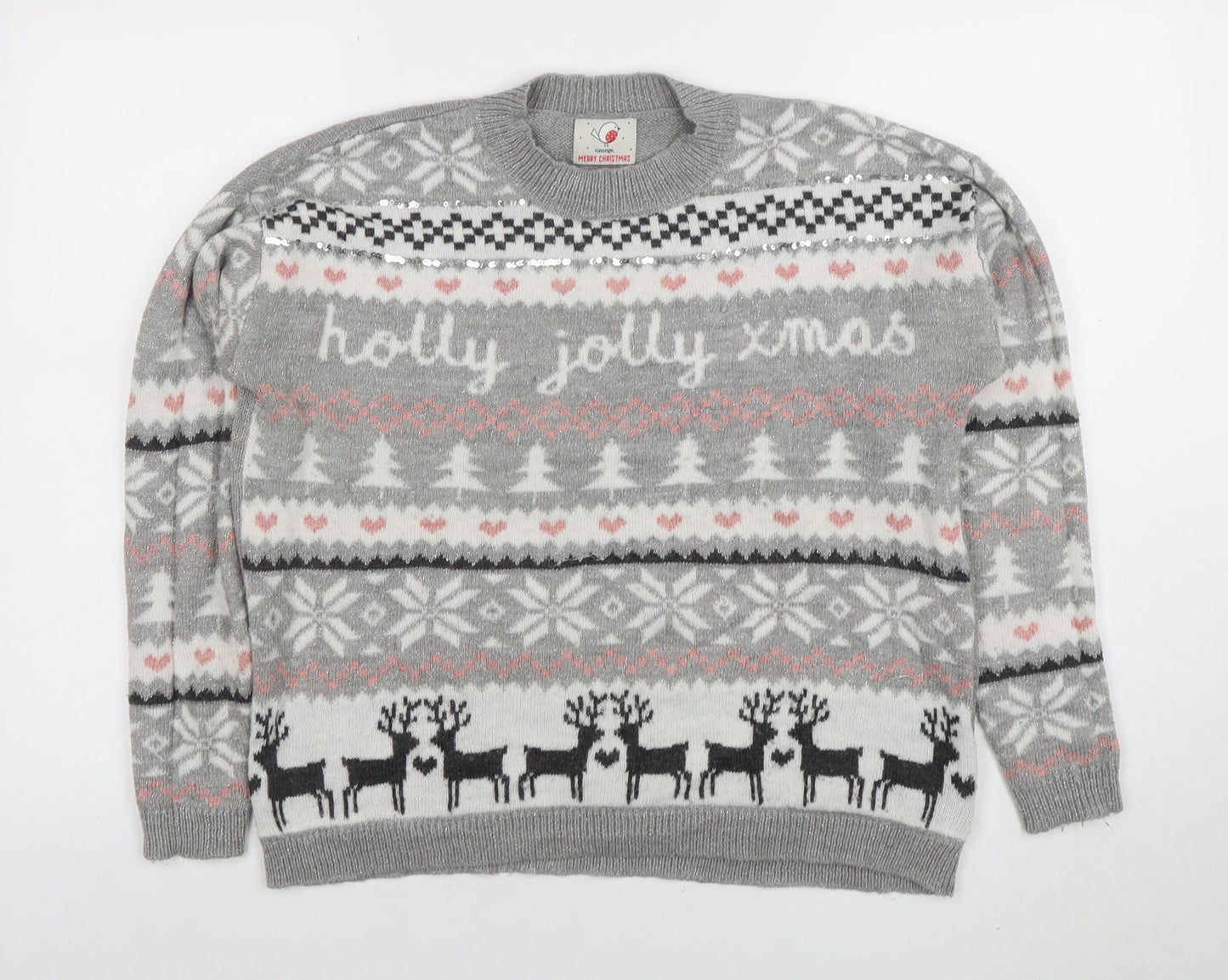 George Women's Grey Christmas Fair Isle Sequin Pullover Jumper Size S