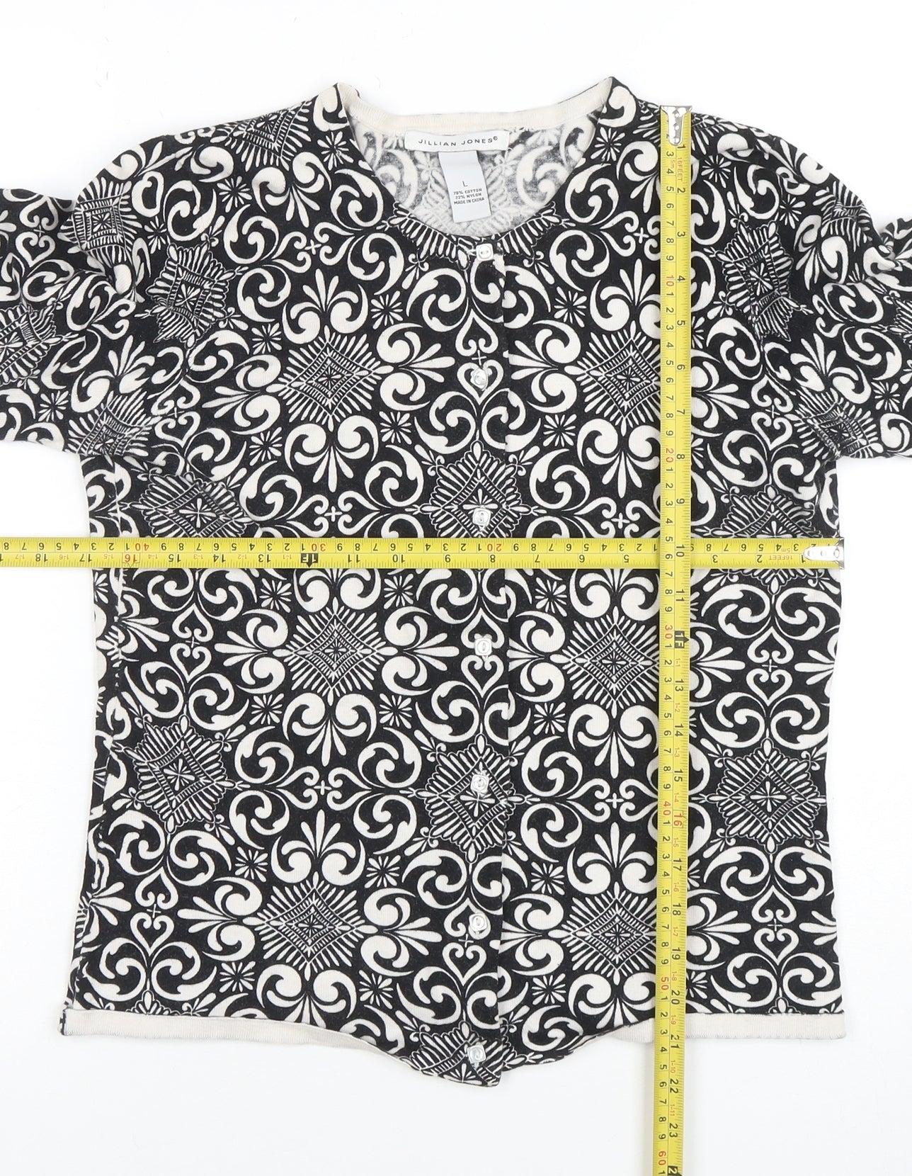 Jillian Jones Women’s Black & White Cardigan L Cotton Blend Patterned