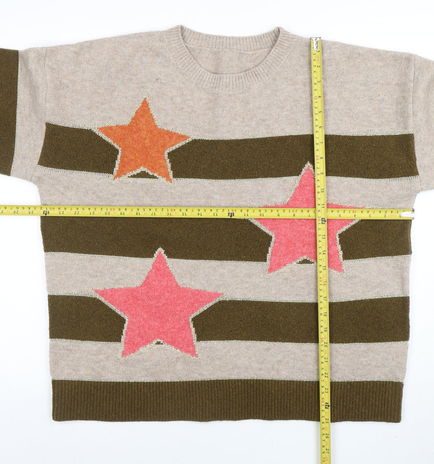 Next Women’s Beige & Green Striped Star Wool Blend Jumper Size L