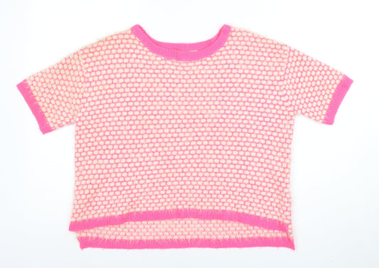 ASOS Women Pink & Cream Short Sleeve Cropped Knit Jumper UK 10