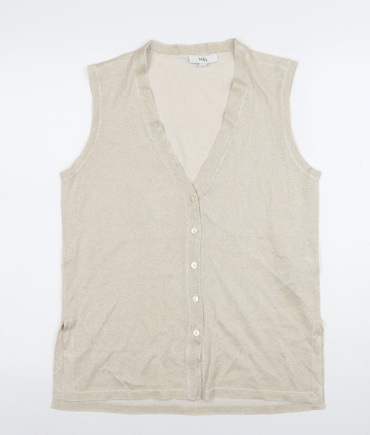 Marks and Spencer Women’s Beige Sleeveless Knit V-Neck Button Blouse Size M