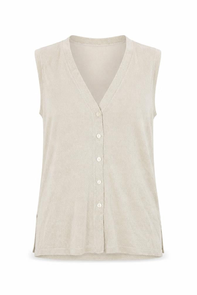 Marks & Spencer Women’s Beige Sleeveless Knit V-Neck Button Blouse Size M