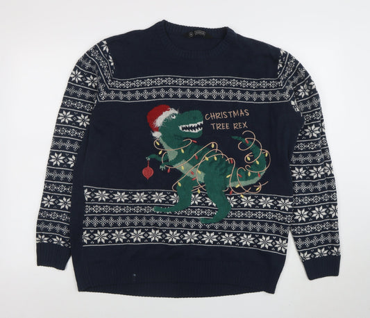 Avenue Men's Blue Christmas Dinosaur Fair Isle Jumper XL