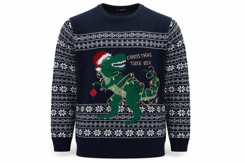 Avenue Men's Blue Christmas Dinosaur Fair Isle Jumper XL