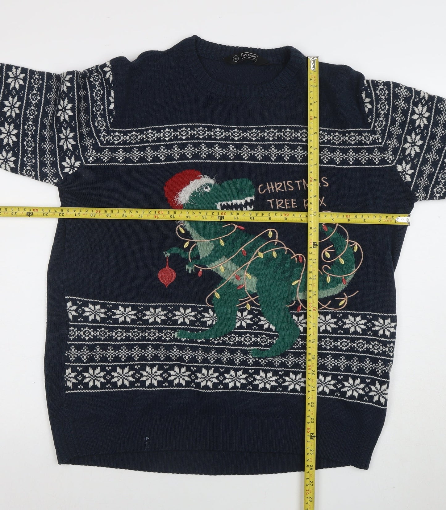 Avenue Men's Blue Christmas Dinosaur Fair Isle Jumper XL