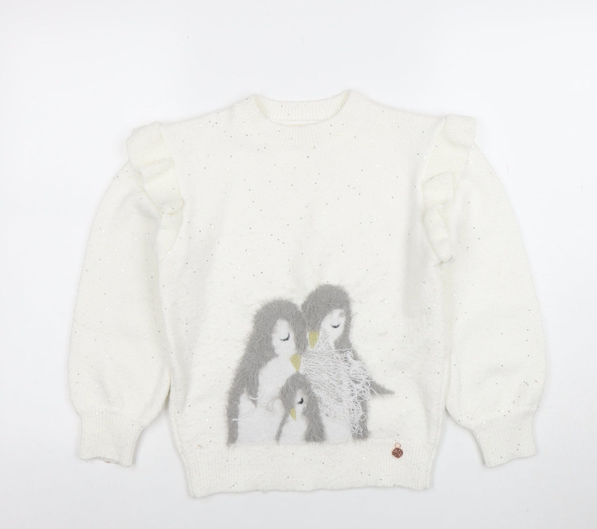 Angel & Rocket Girls White Sequin Penguin Jumper Size 10 Long Sleeve Knit