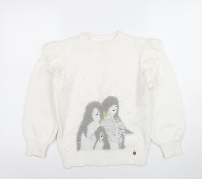 Angel & Rocket Girls White Sequin Penguin Jumper Size 10 Long Sleeve Knit