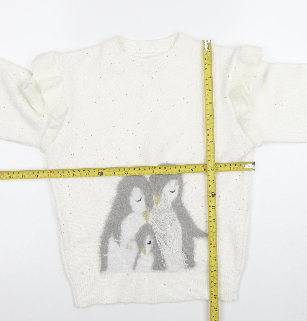 Angel & Rocket Girls White Sequin Penguin Jumper Size 10 Long Sleeve Knit