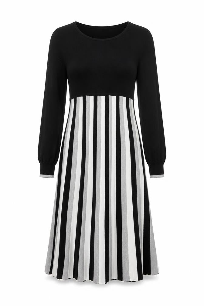 Warehouse Women Black White Stripe A-Line Knit Long Sleeve Dress Size 12