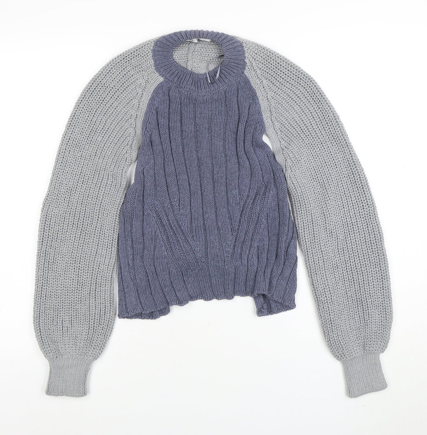 ZARA Women Blue Knit Cotton Blend Raglan Sleeve Belted Jumper Size M