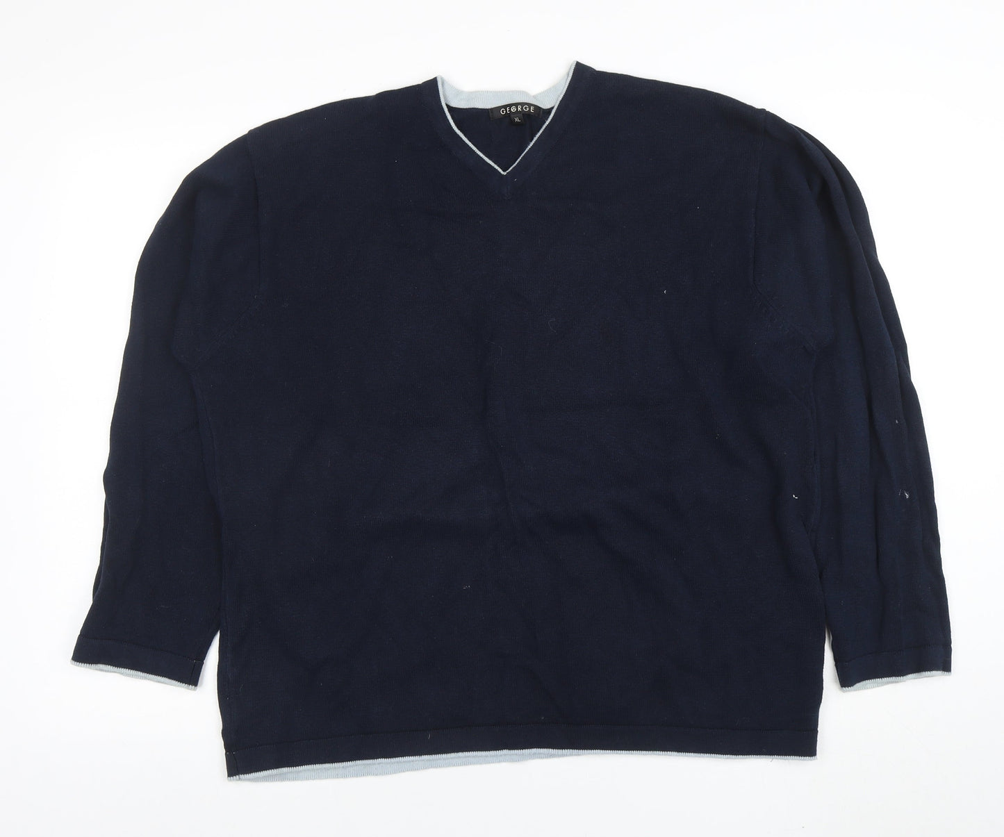 George Men's Blue XL V-Neck Cotton Jumper Classic Knit Pullover