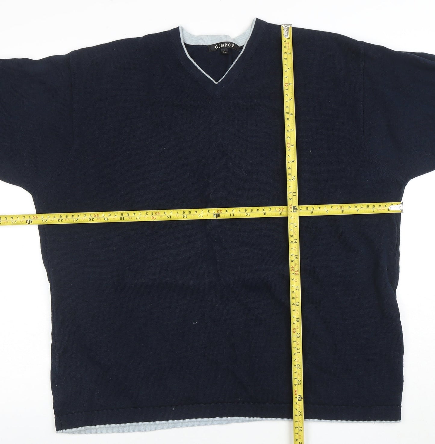 George Men's Blue XL V-Neck Cotton Jumper Classic Knit Pullover