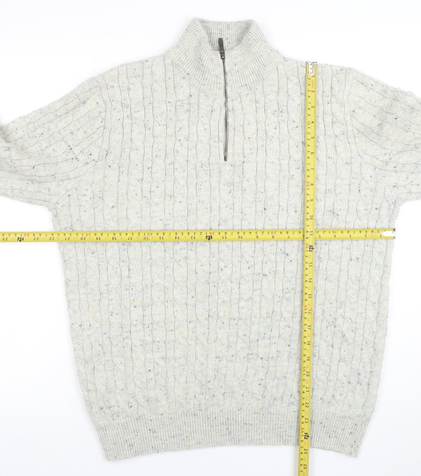 TU Men’s Grey Cable-Knit 1/4 Zip High Neck Jumper Size L