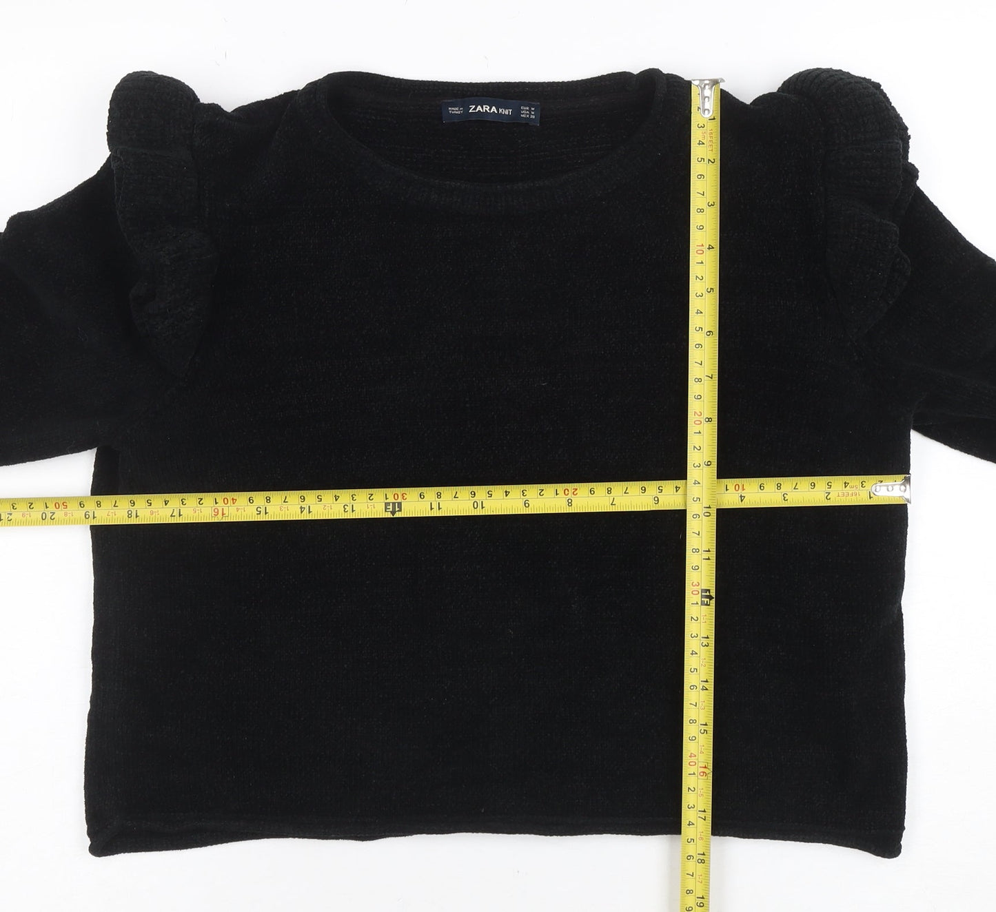 Zara Knit Women's Black M Ruffle Shoulder Long Sleeve Jumper