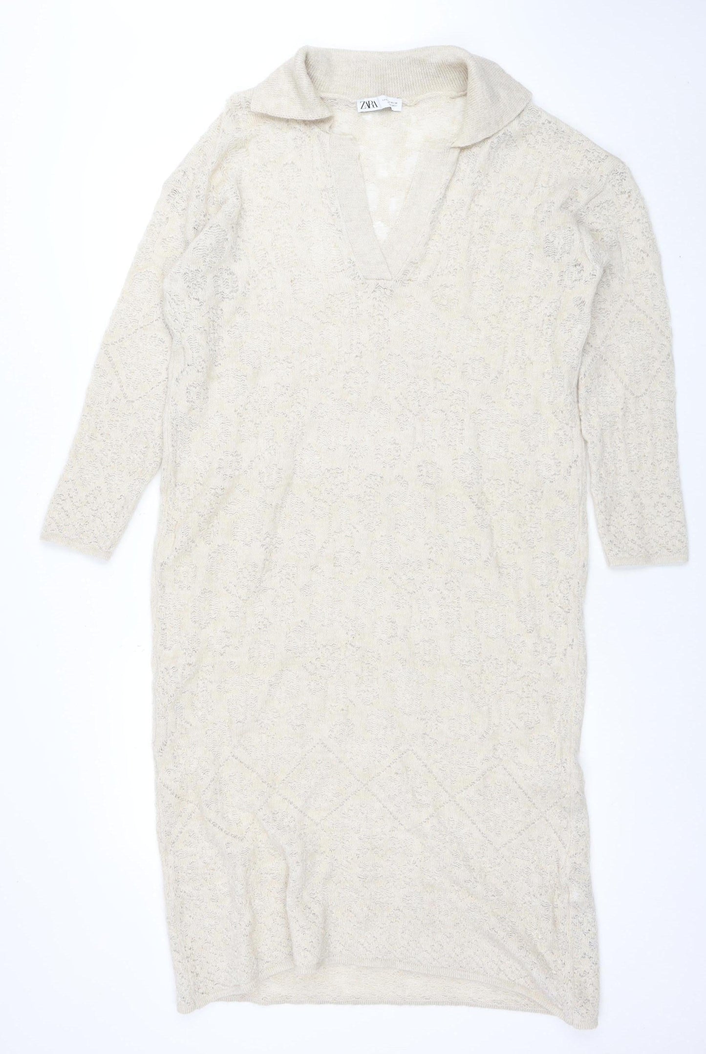 Zara Women Beige Knit Bodycon Dress Size S Cowl Neck 3/4 Sleeve