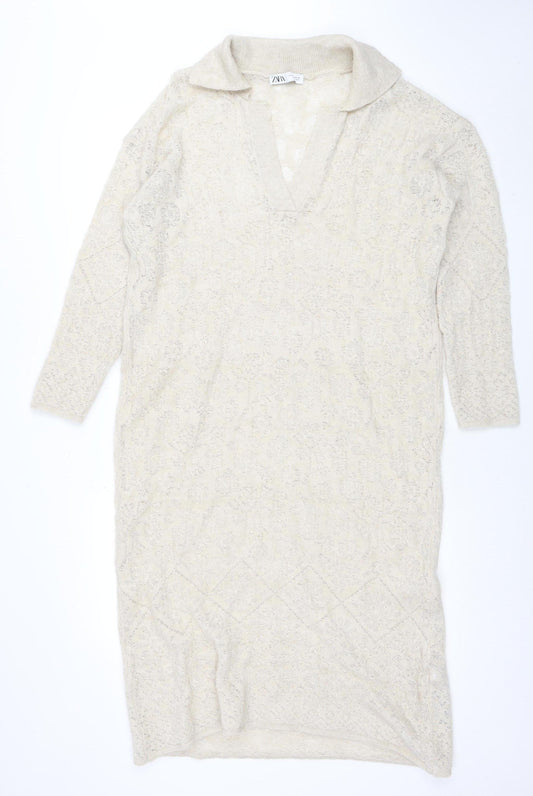 Zara Women Beige Knit Bodycon Dress Size S Cowl Neck 3/4 Sleeve