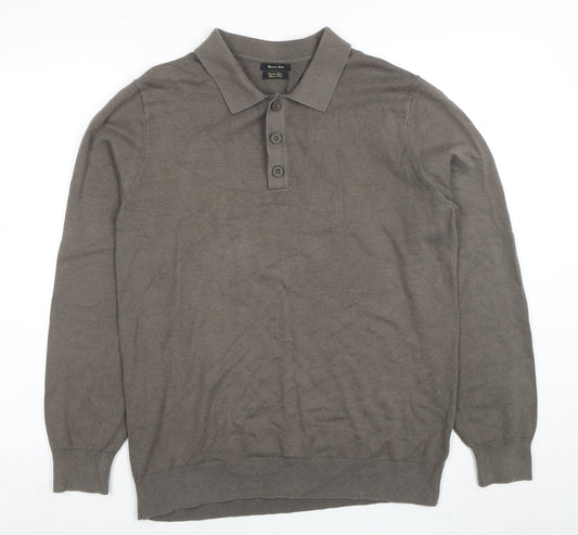 Massimo Dutti Men's Grey Cotton Collared Henley Jumper L