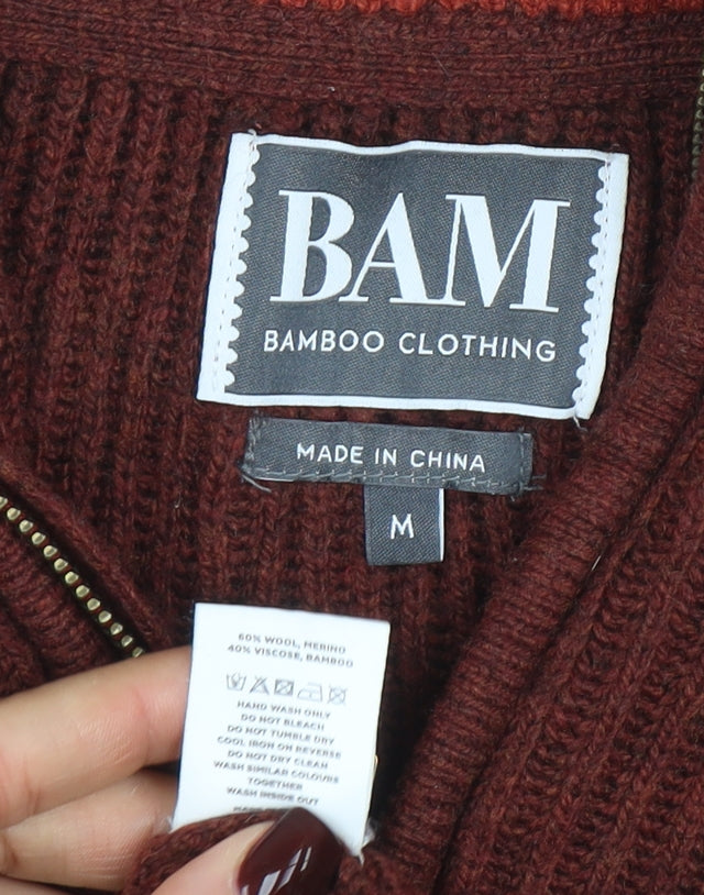 BAM Men's Brown Wool Bamboo High Neck Half Zip Jumper Size M