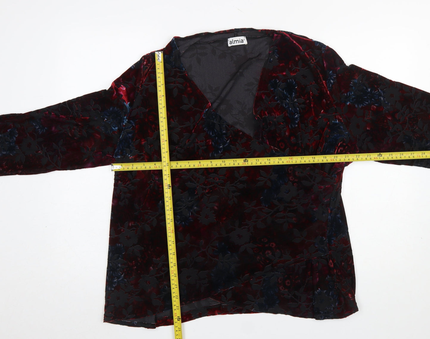Almia Women Red Floral Velvet Wrap Blouse Long Sleeve Size 26