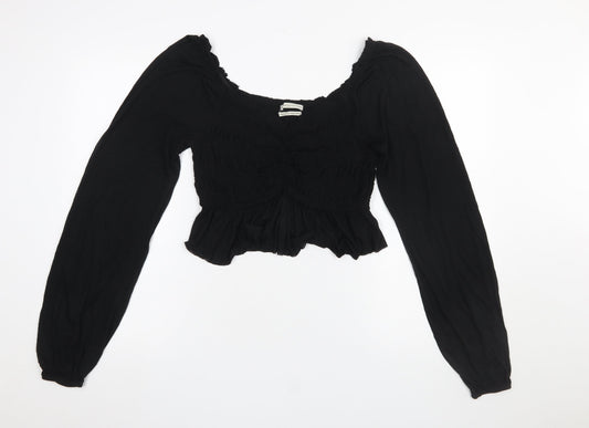 Urban Outfitters Women Black Cropped Long Sleeve Ruffle Blouse L