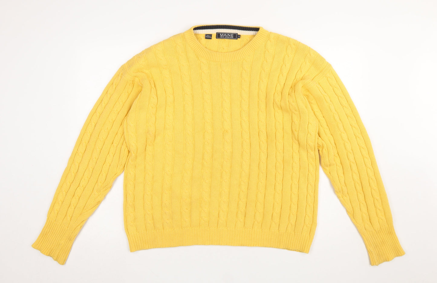 Maine New England Men's Yellow Cable-Knit Cotton Jumper Size L