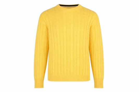 Front view of Maine New England Men's Yellow Cable-Knit Cotton Jumper, size L