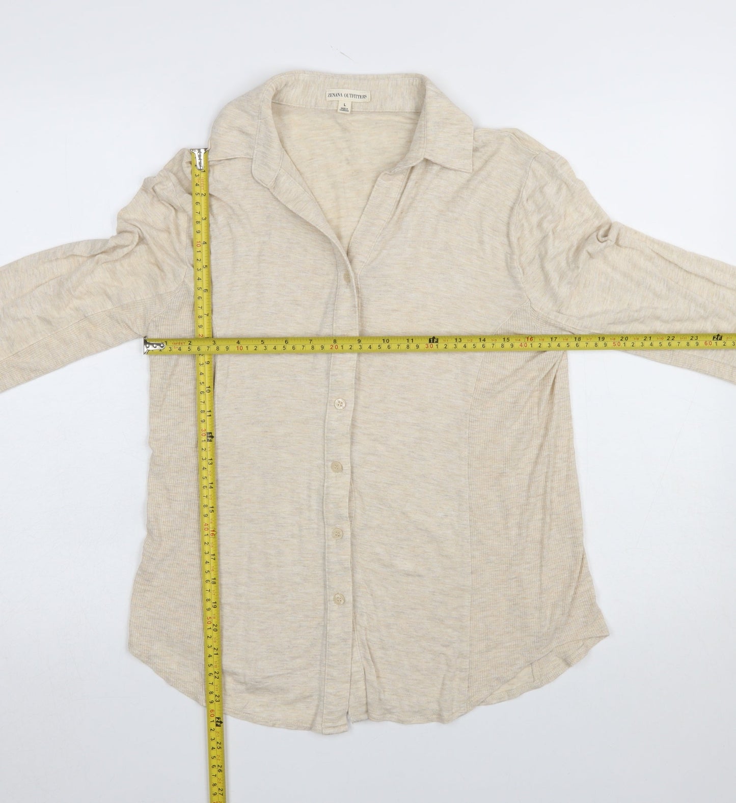 Zenana Outfitters Women’s Beige Button-Up Collared 3/4 Sleeve Top Size L