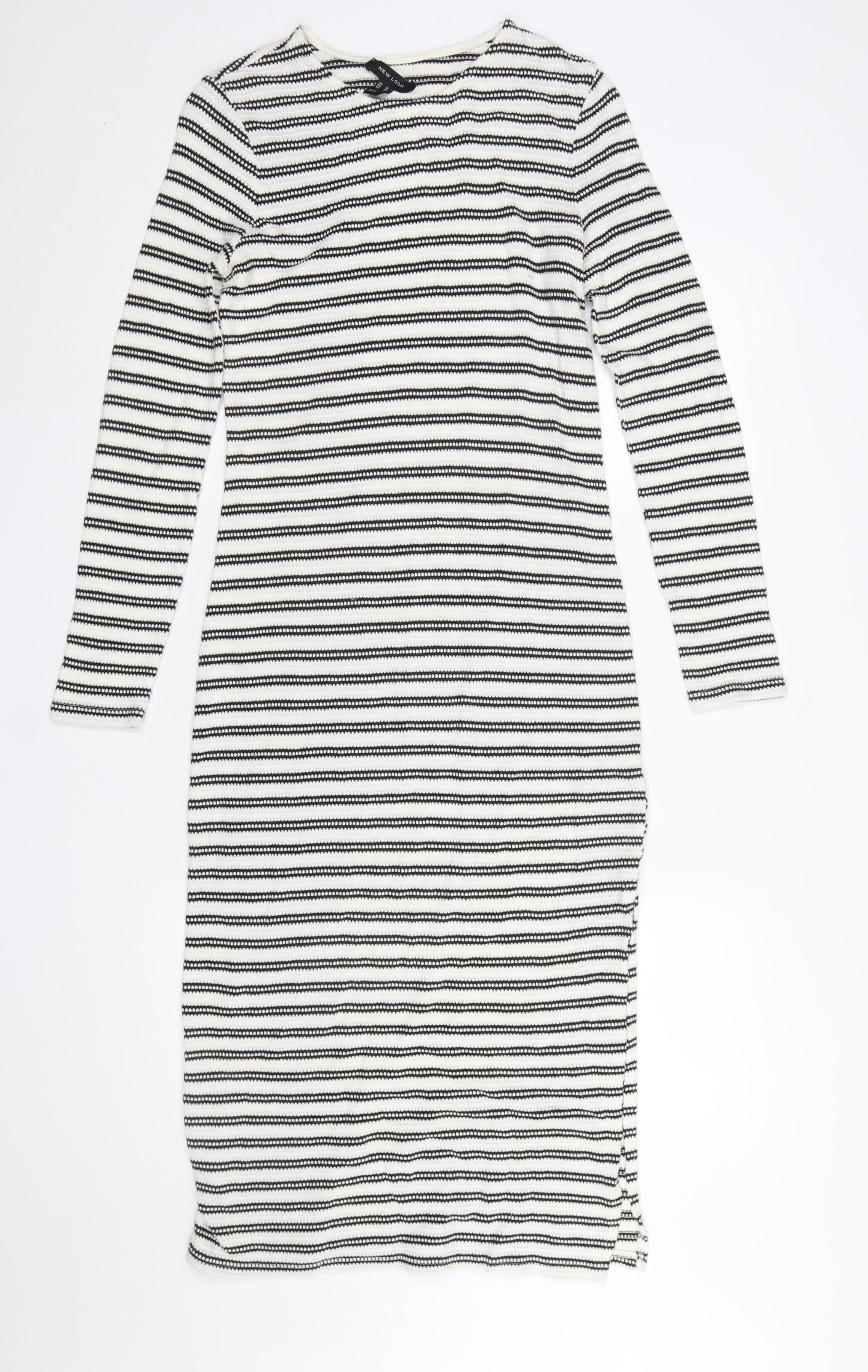 New Look Women Black White Striped Knit Bodycon Dress Size 10