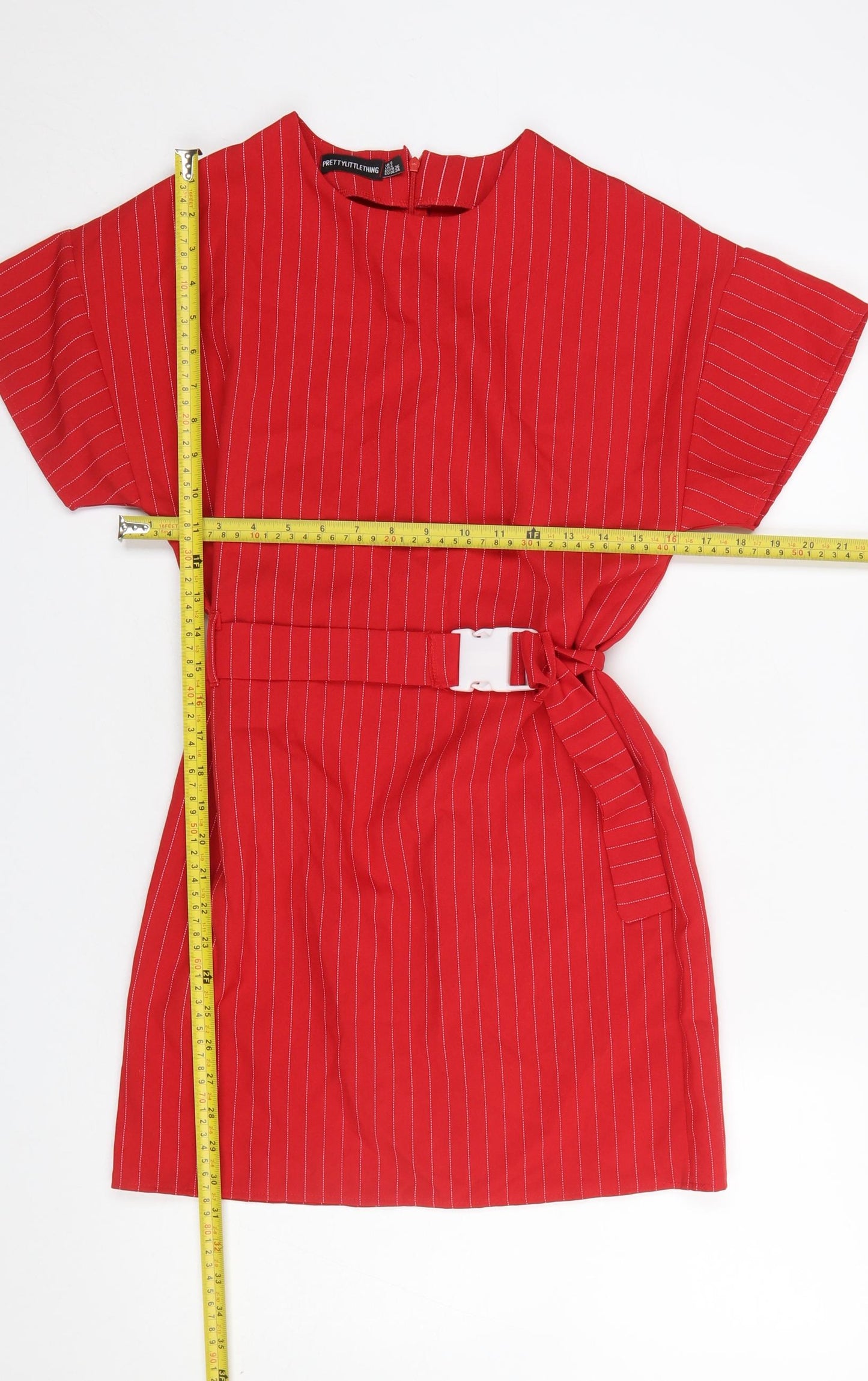 PrettyLittleThing Women Red Short Sleeve Belted Shift Dress Size 8
