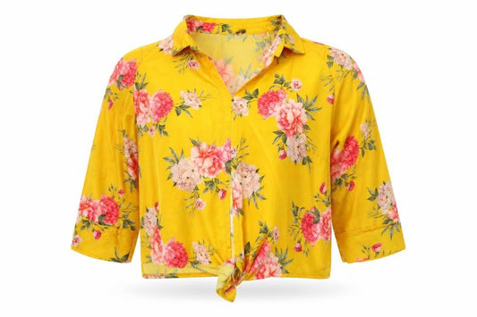 Select Womens Yellow Floral Collared Cropped Blouse UK 12