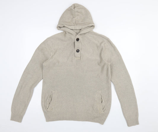H&M L.O.G.G Men’s Beige Cotton Hooded Henley Jumper Size M