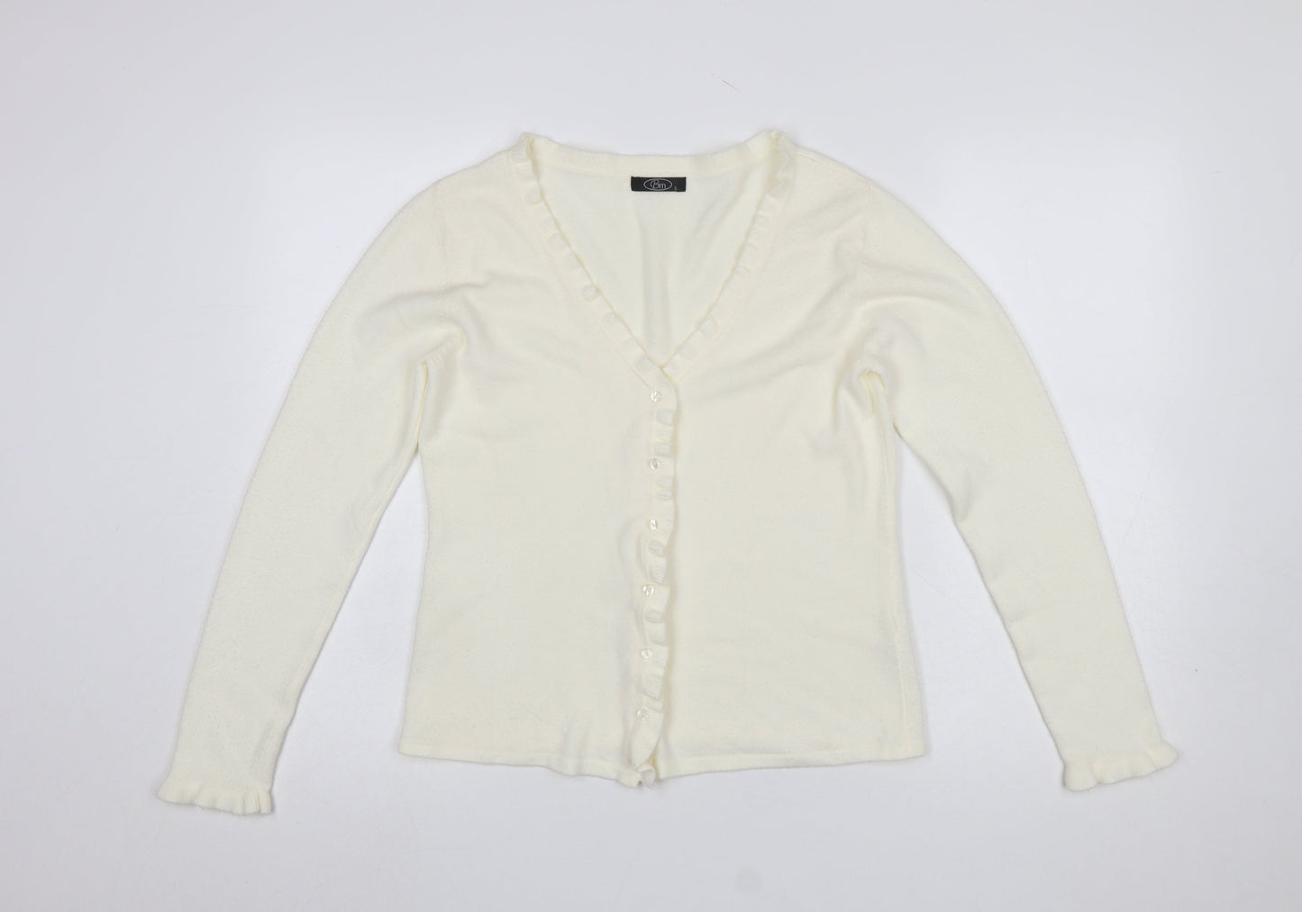 Bm Womens Ivory Ruffle Edge V-Neck Cardigan Size S