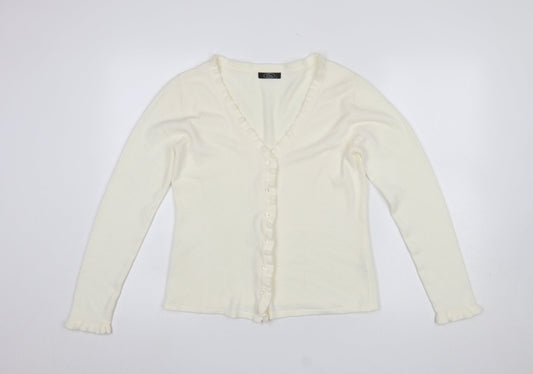 Bm Womens Ivory Ruffle Edge V-Neck Cardigan Size S