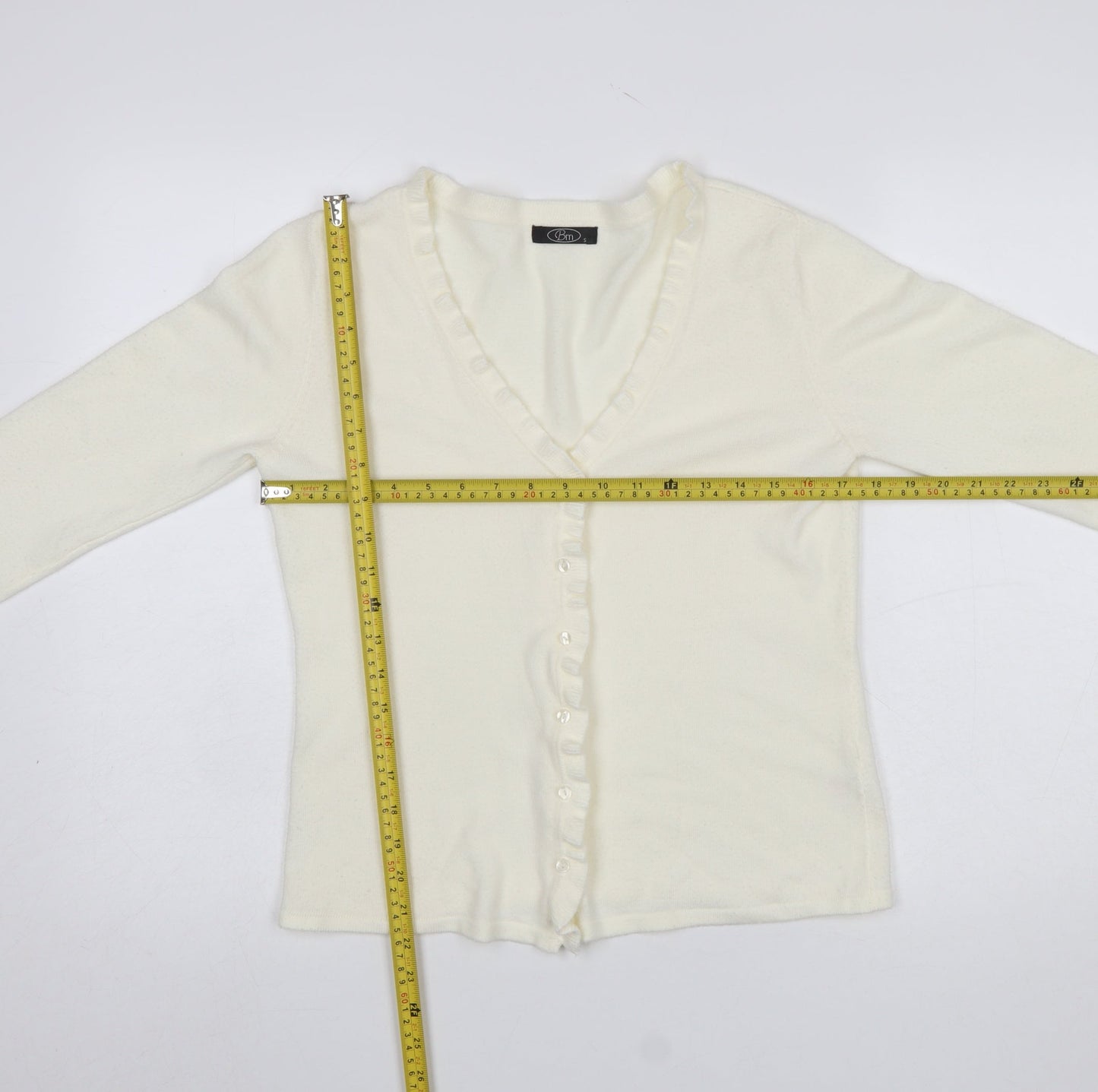 Bm Womens Ivory Ruffle Edge V-Neck Cardigan Size S