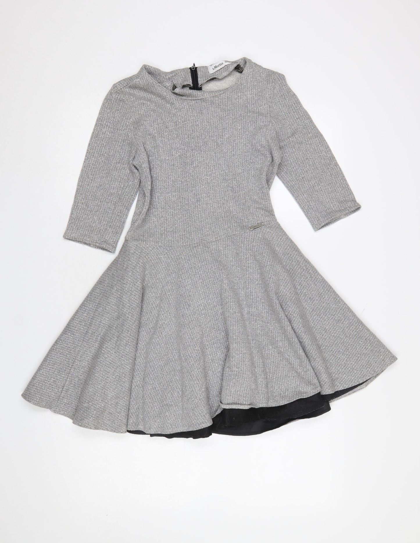 s.Moriss Women Grey Fit & Flare Knit Dress Size S 3/4 Sleeve Zip Back
