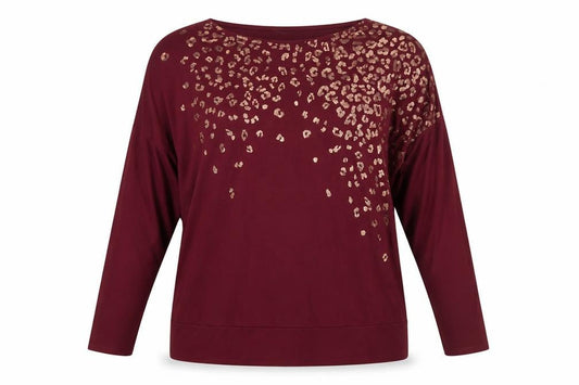 Front view of Principles Women Burgundy Animal Print Long Sleeve Tunic Top XL