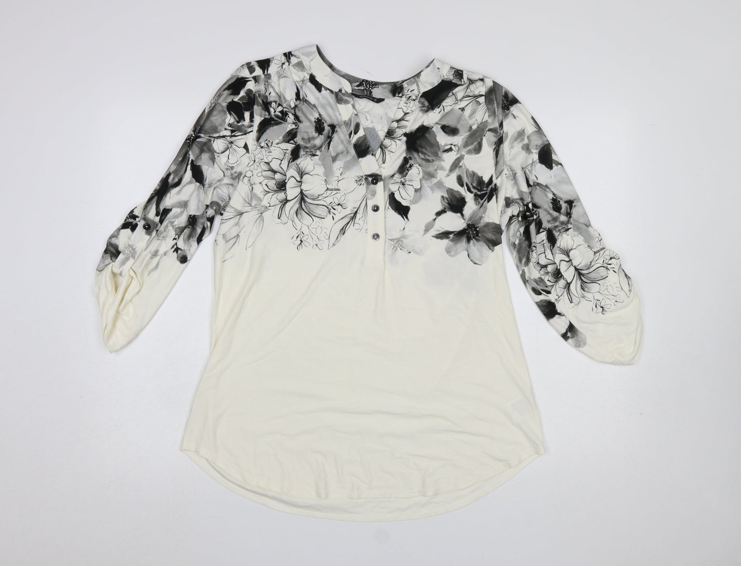 Roman Women’s Ivory Floral V-Neck 3/4 Sleeve Tunic Blouse Size 10