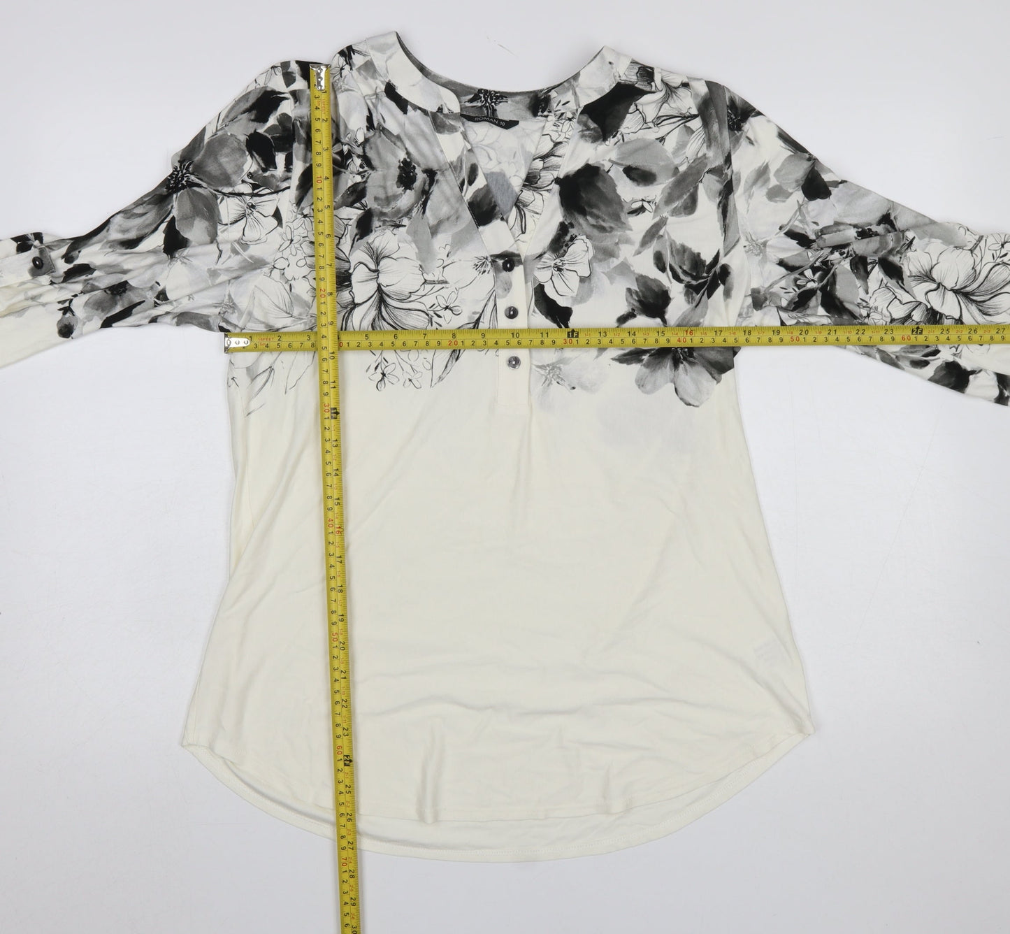 Roman Women’s Ivory Floral V-Neck 3/4 Sleeve Tunic Blouse Size 10