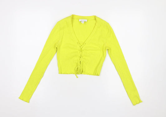 Topshop Petite Yellow Cropped Ribbed Long Sleeve Lace-Up Blouse UK 8