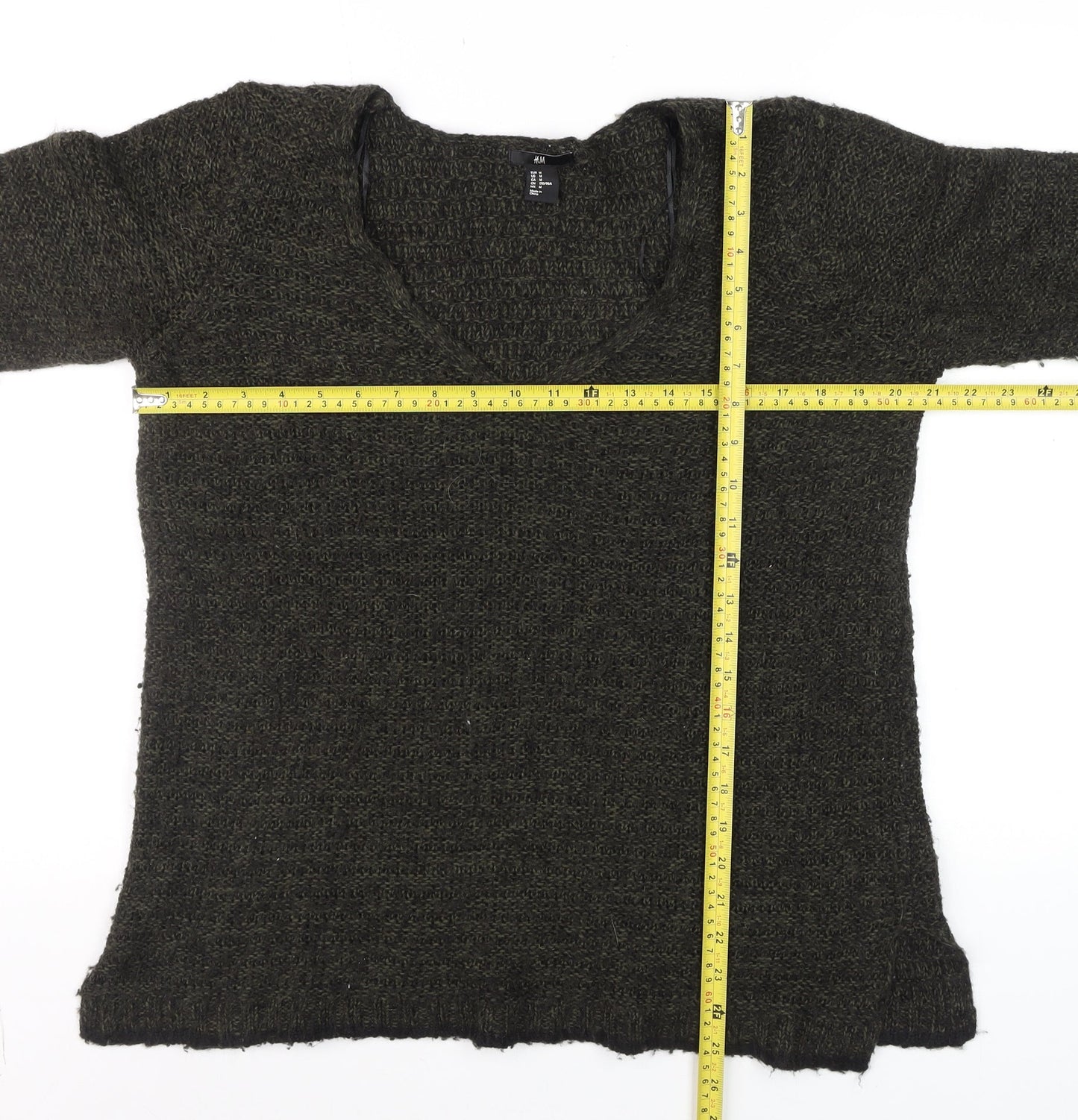 H&M Womens Green Chunky-Knit V-Neck Long Sleeve Pullover Jumper Size M