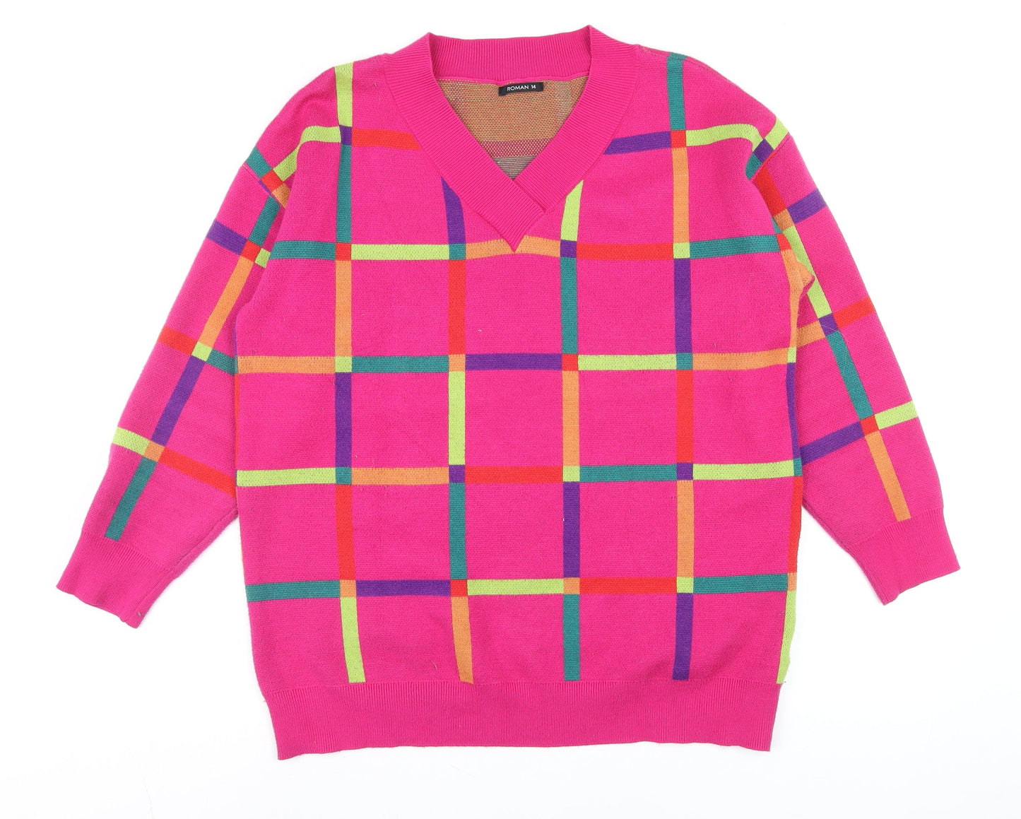 Roman Women’s Pink Check V-Neck Long Sleeve Pullover Jumper Size 14