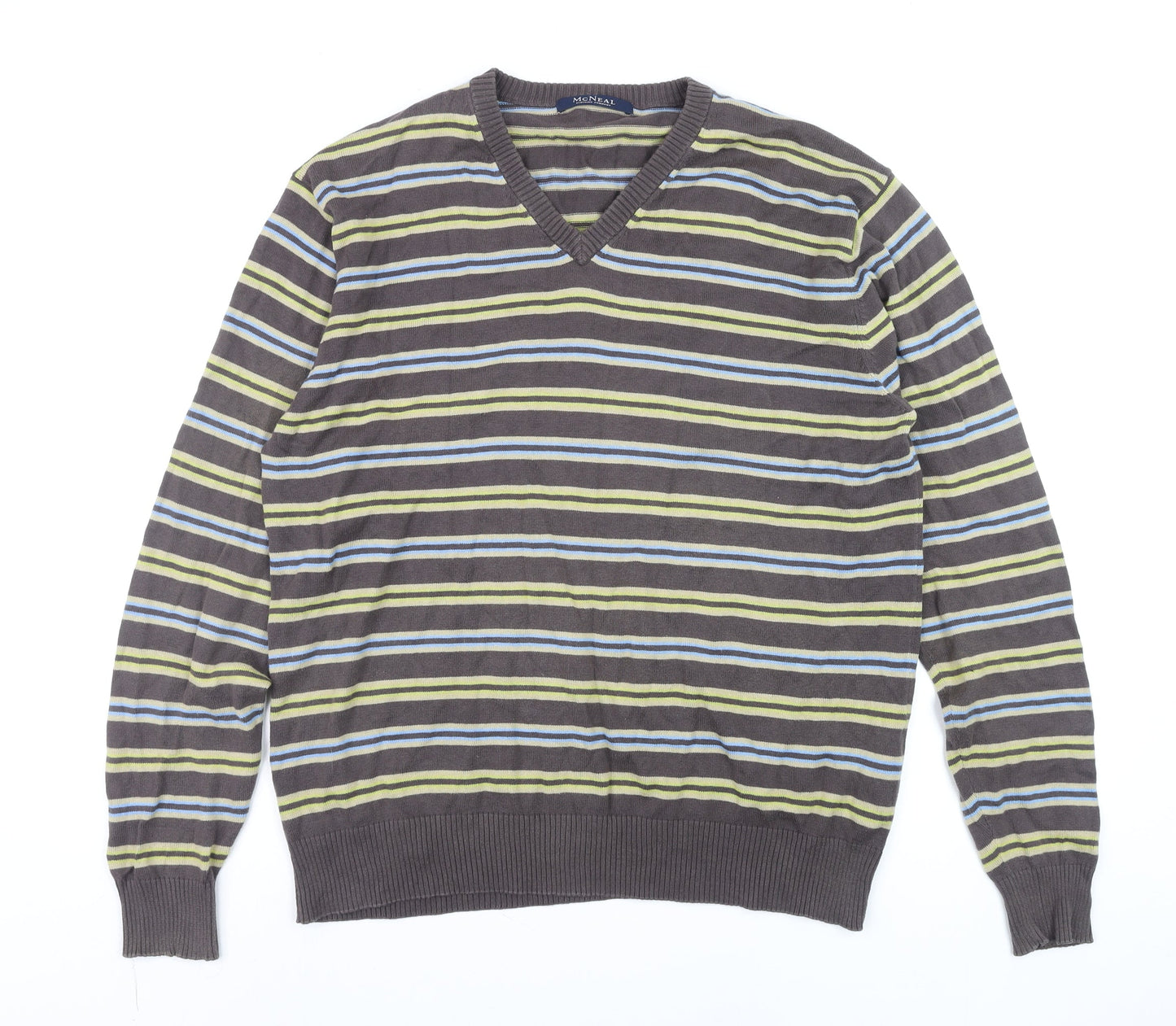 McNeal Men's Brown Striped Cotton V-Neck Jumper Size M