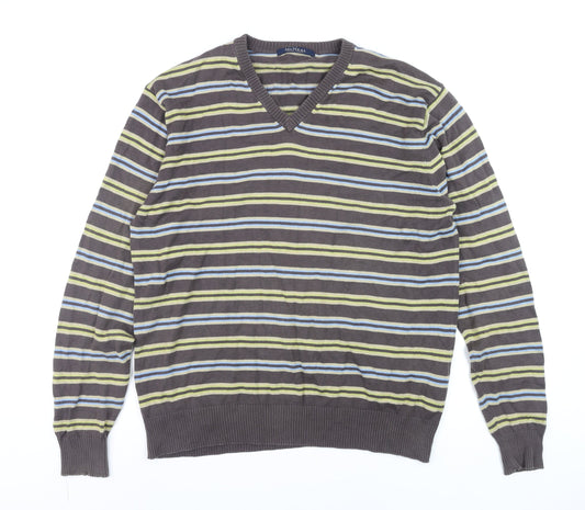 McNeal Men's Brown Striped Cotton V-Neck Jumper Size M