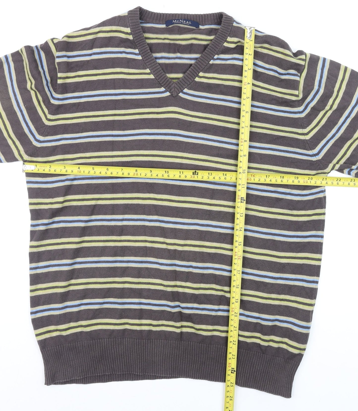 McNeal Men's Brown Striped Cotton V-Neck Jumper Size M