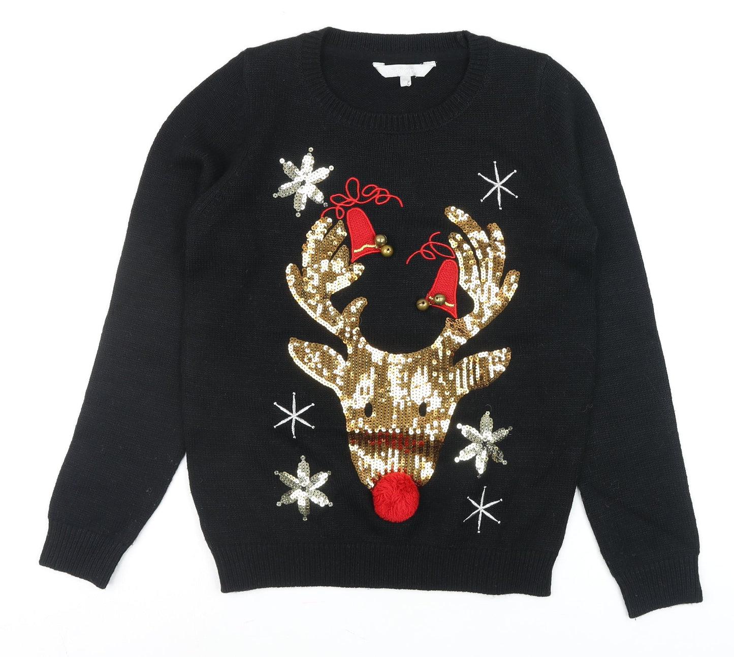 Red Herring Womens Black Christmas Reindeer Sequin Jumper Size 10