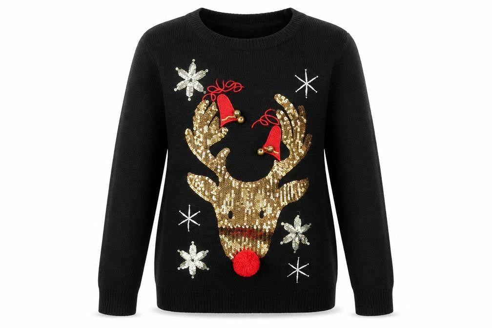 Red Herring Womens Black Christmas Reindeer Sequin Jumper Size 10