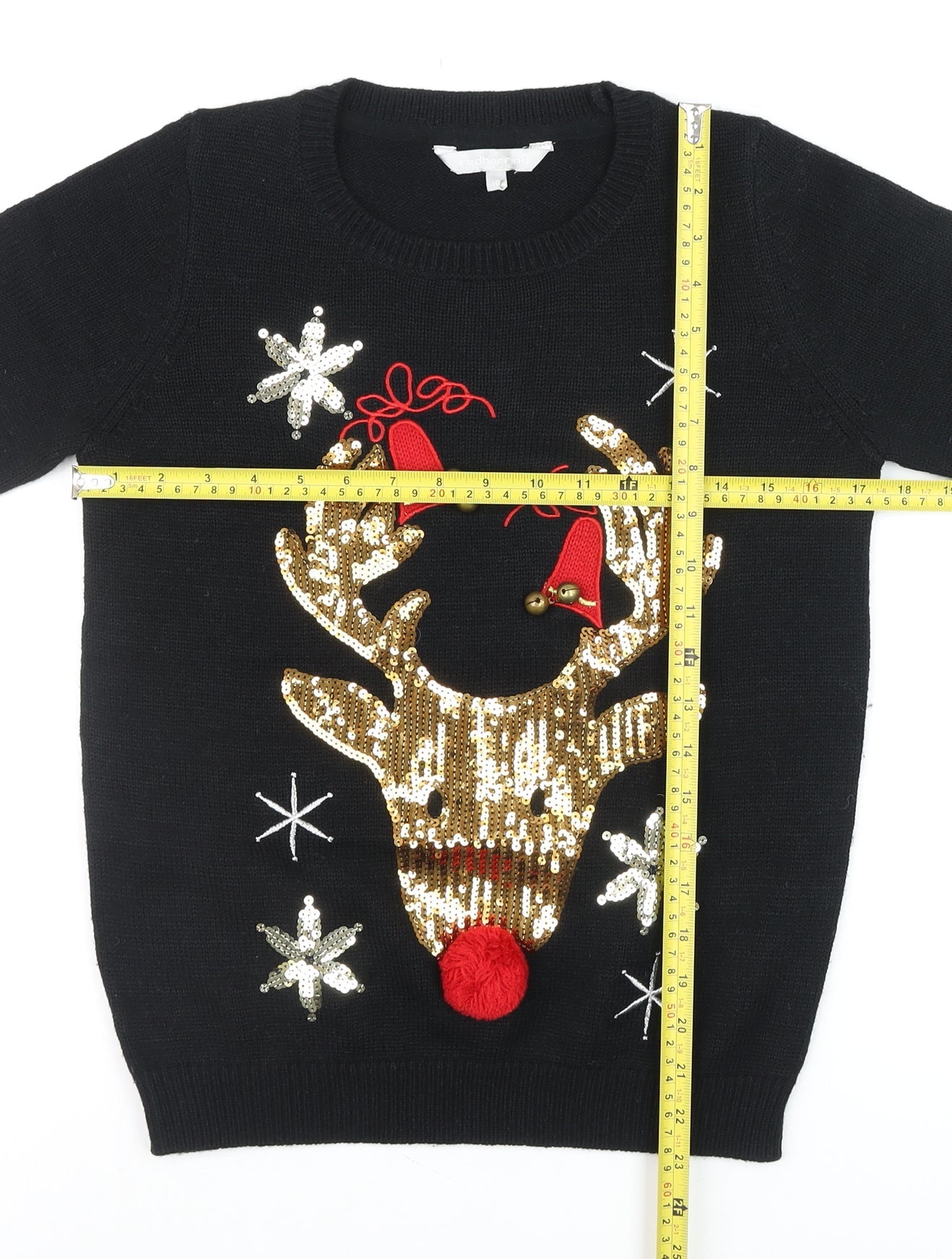 Red Herring Womens Black Christmas Reindeer Sequin Jumper Size 10